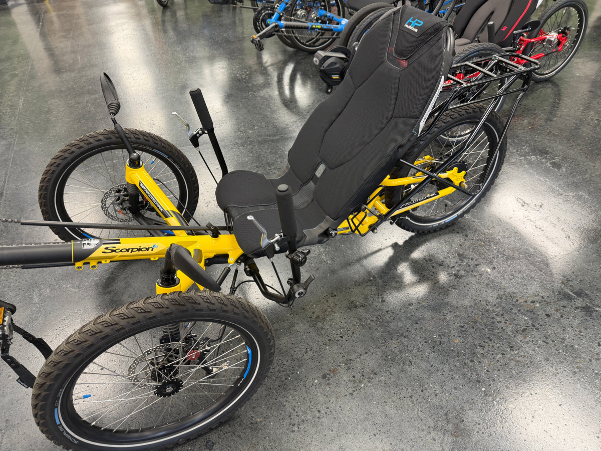 HP Velotechnik Scorpion FS-20 Full-Suspension Recumbent Trike – Envy Yellow – Near-New Demo