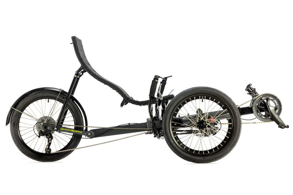 GreenSpeed Magnum recumbent trike in black, side view showing GS Crossover steering linkage