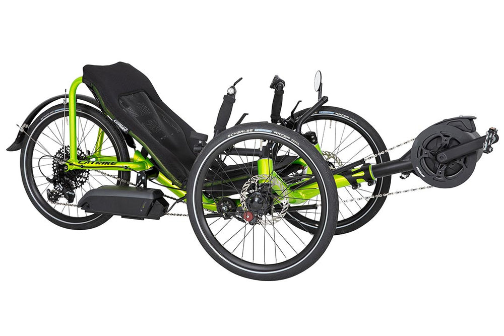 Catrike eCAT Pocket electric recumbent trike in green, three-quarter rear view showing Bosch motor and battery