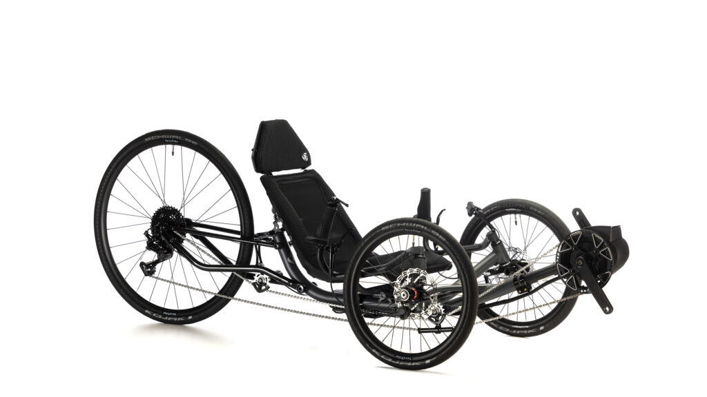 TerraTrike Spyder e+ three-quarter view in Shadow Black