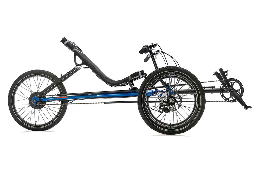TerraTrike Rogue recumbent trike side profile in City Blue showing the adjustable boom and seat