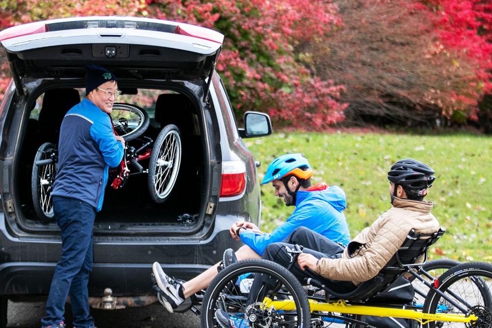 TerraTrike Traveler folding recumbent trike loading into an SUV