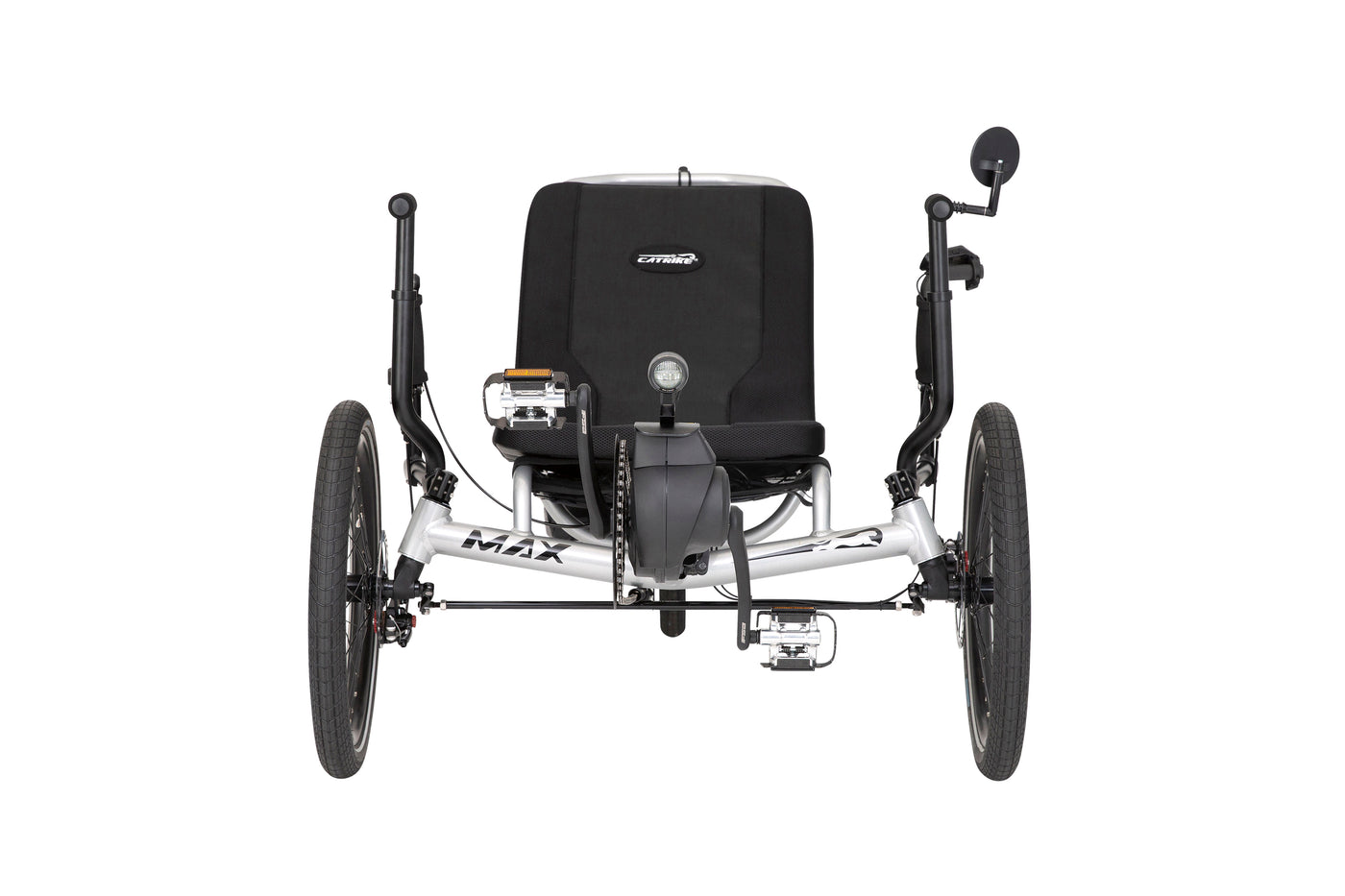 Catrike MAX eCAT front view showing the wide seat and adjustable assist bars