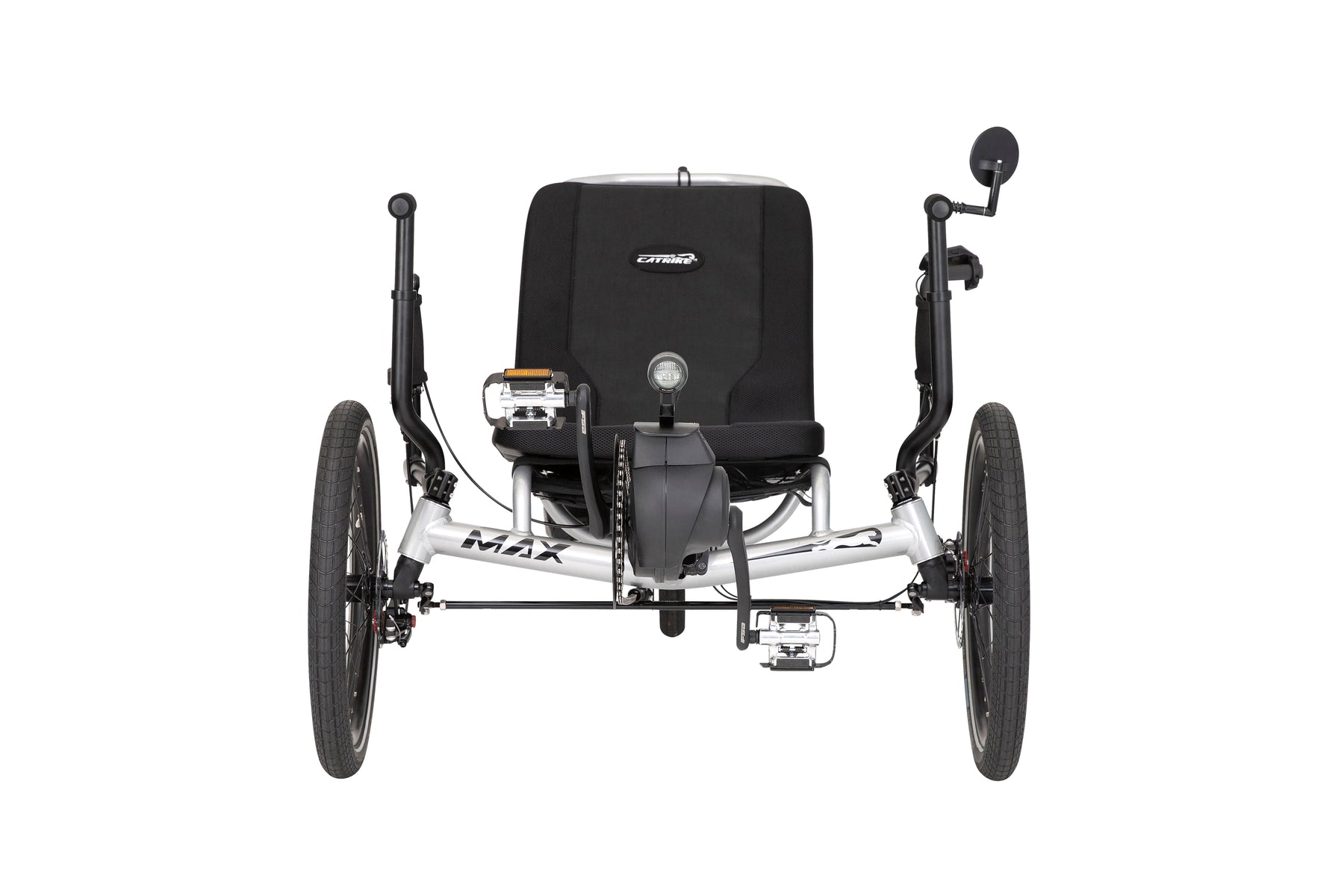 Catrike MAX eCAT front view showing the wide seat and adjustable assist bars