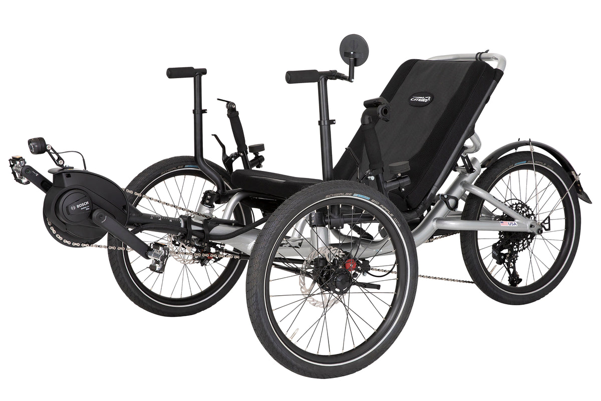 Catrike MAX eCAT three-quarter view in Moon Rock Silver with Bosch Active Line Plus motor