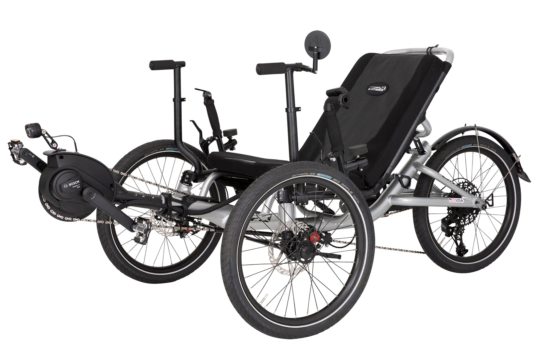 Catrike MAX eCAT three-quarter view in Moon Rock Silver with Bosch Active Line Plus motor