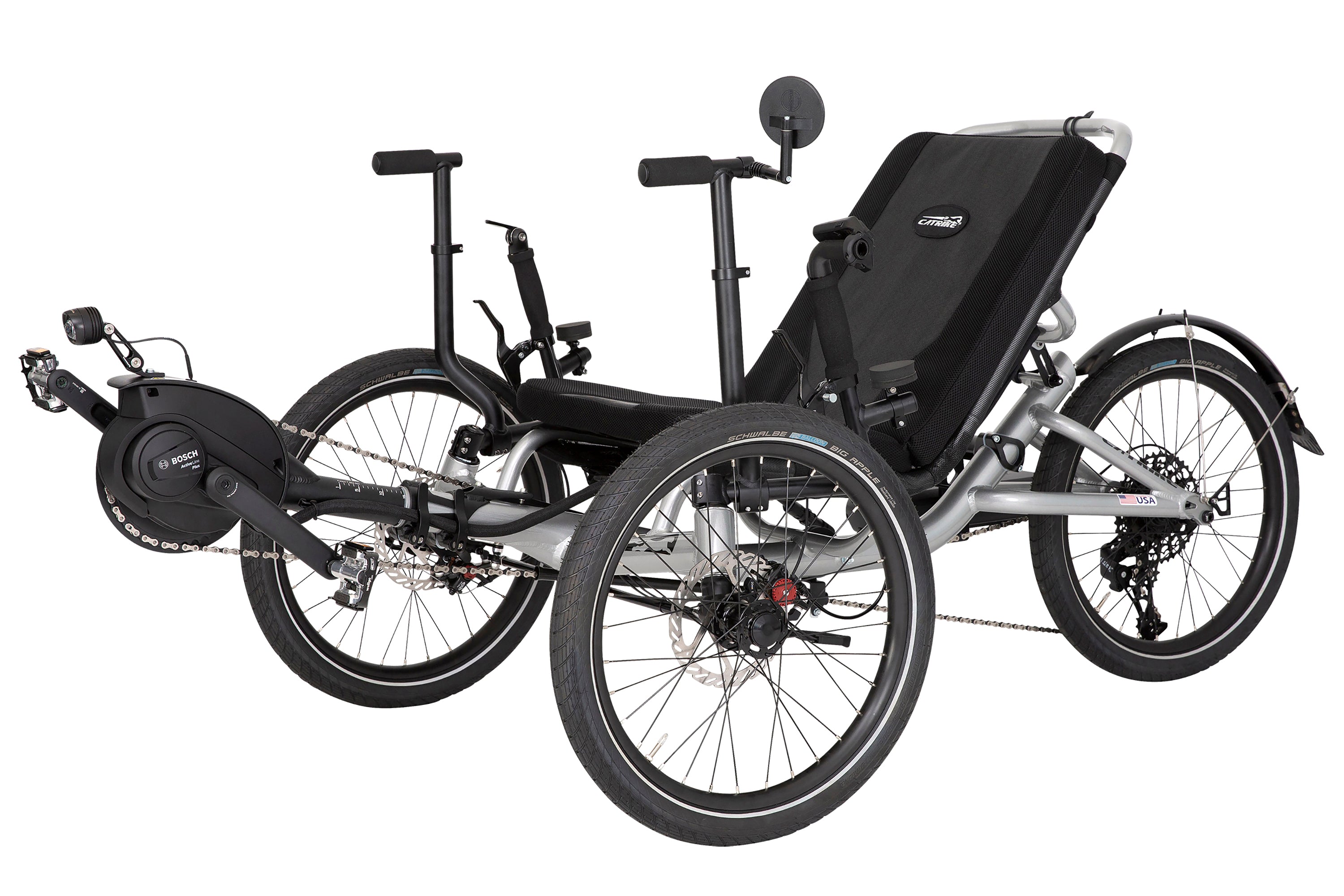 Catrike MAX eCAT three-quarter view in Moon Rock Silver with Bosch Active Line Plus motor