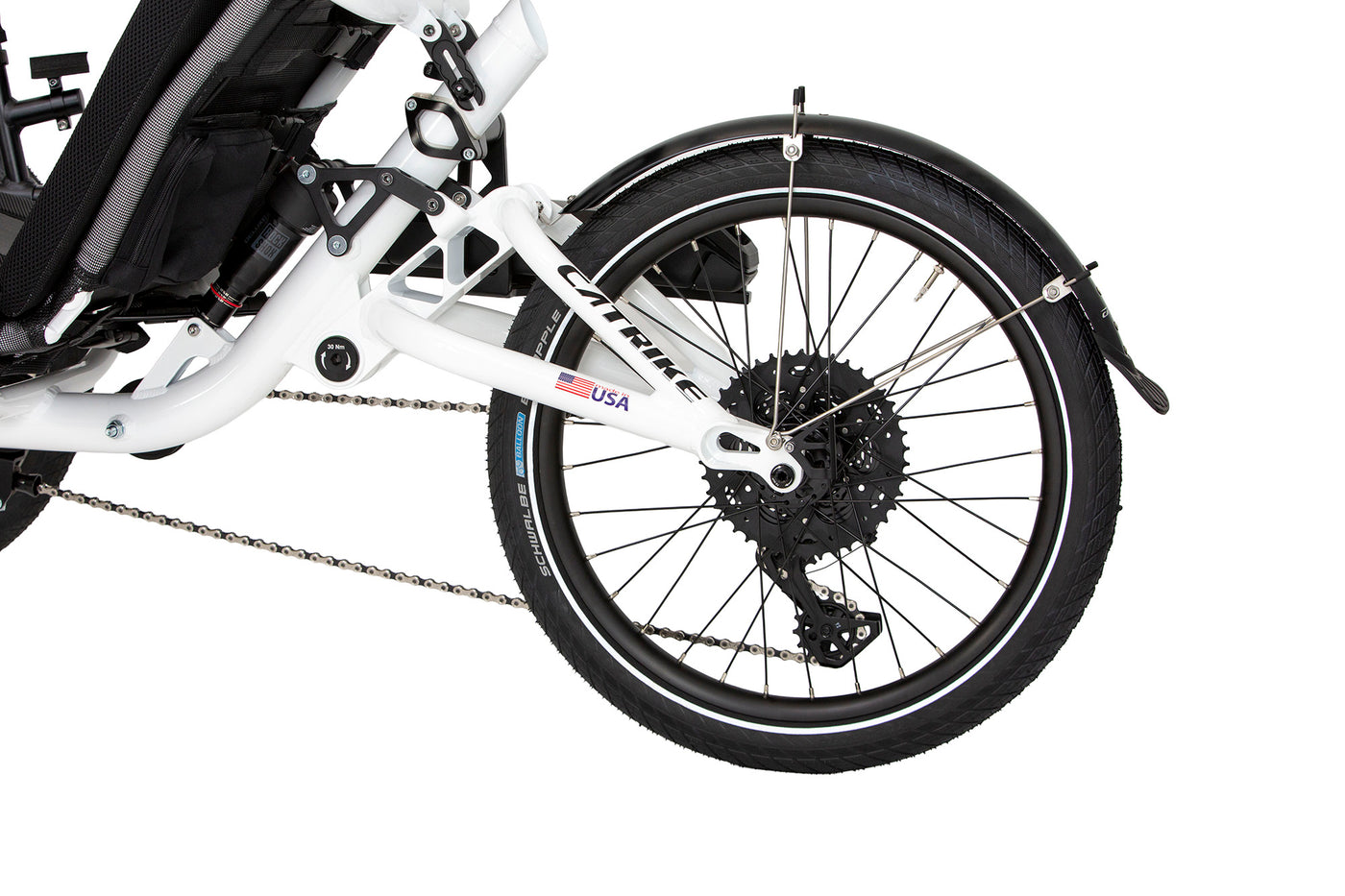 Rear suspension swingarm and 1x10 drivetrain detail on the Catrike All Road eCAT