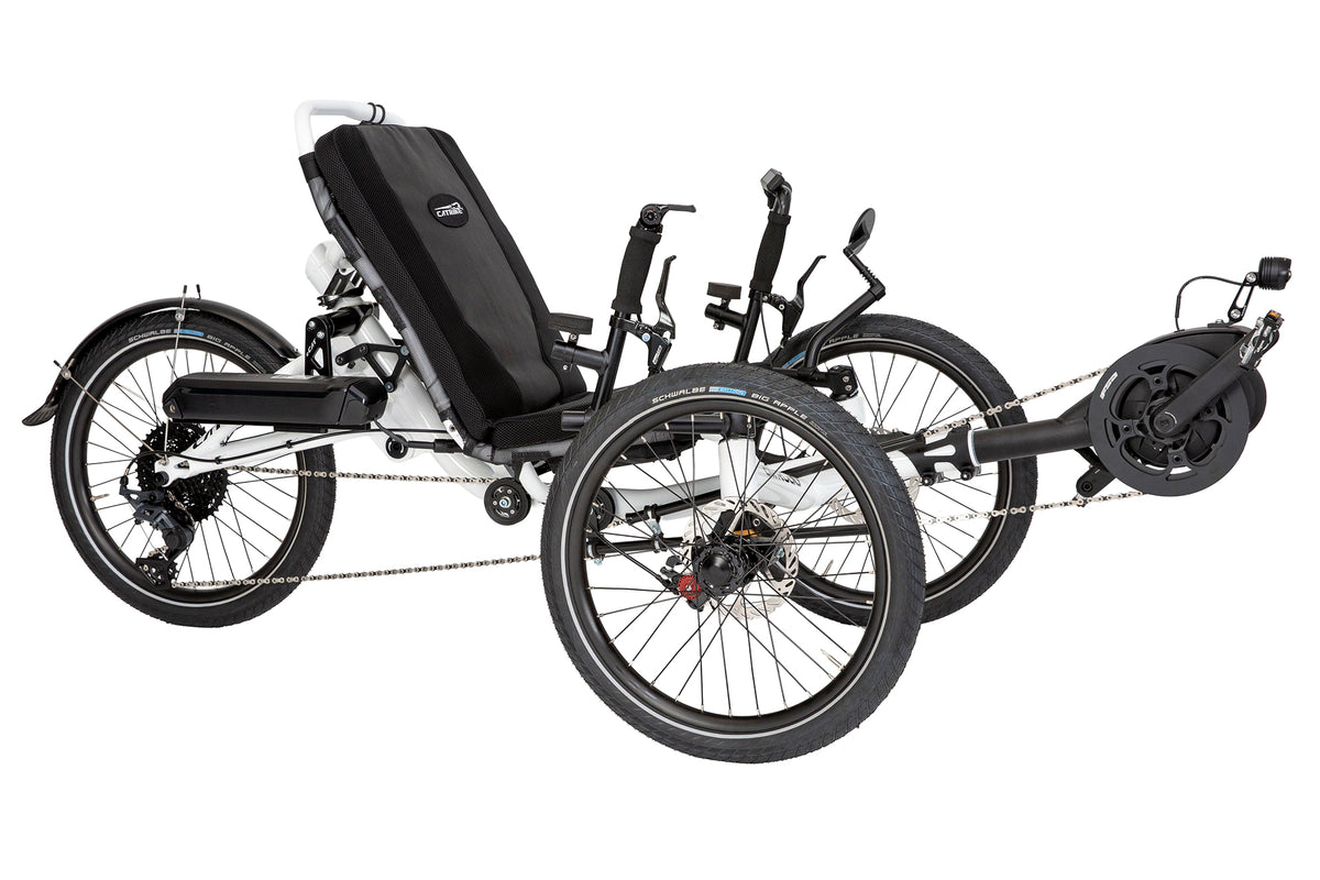 Catrike All Road eCAT three-quarter view in Star White, front pointing right, with Bosch Active Line Plus motor and battery
