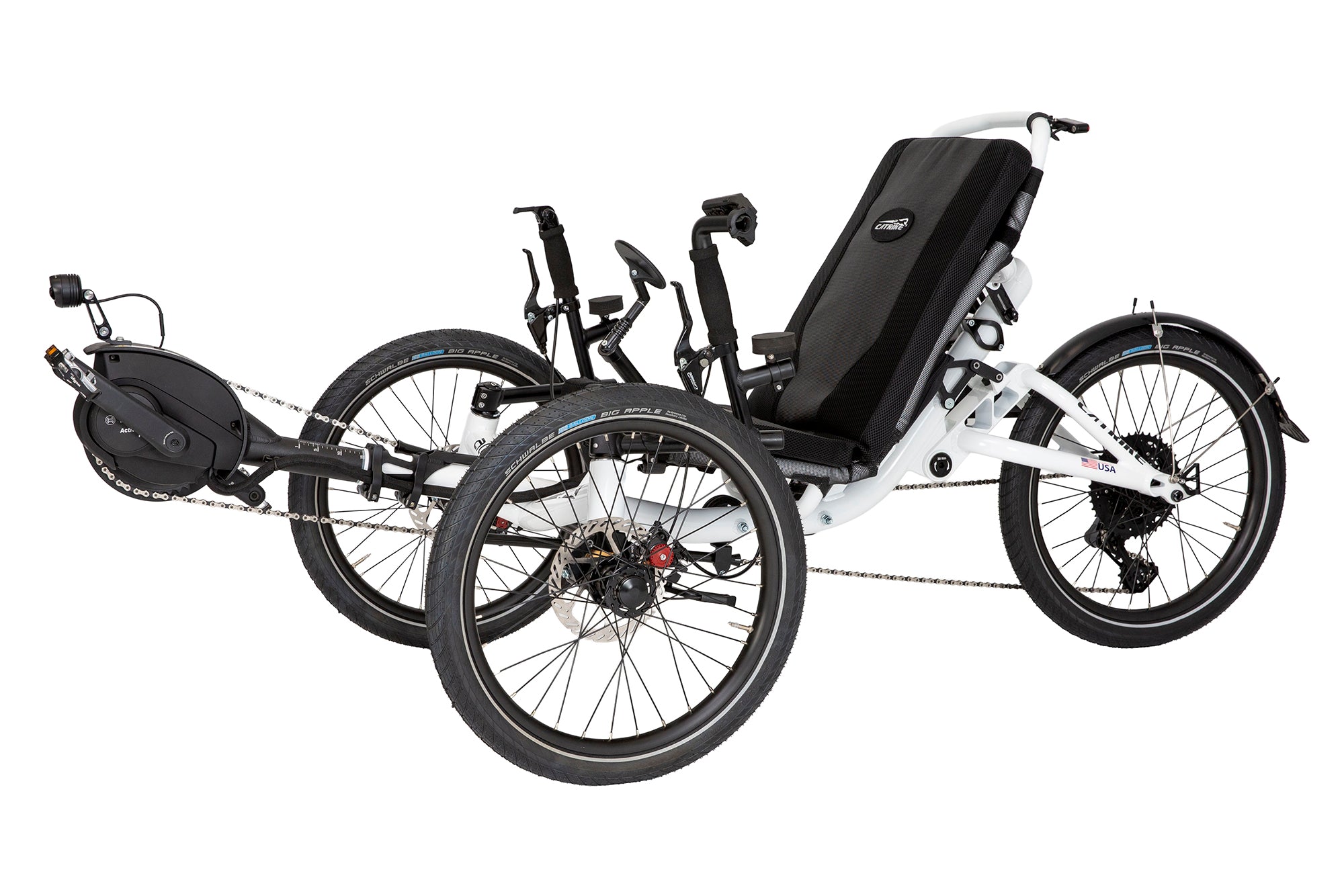 Catrike All Road eCAT full suspension recumbent trike in Star White, three-quarter studio view
