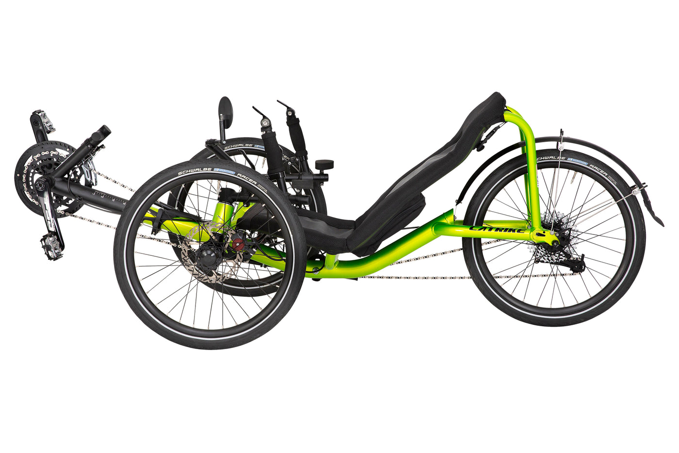 Catrike Pocket recumbent trike side profile showing the rigid aluminum spaceframe in Eon Green