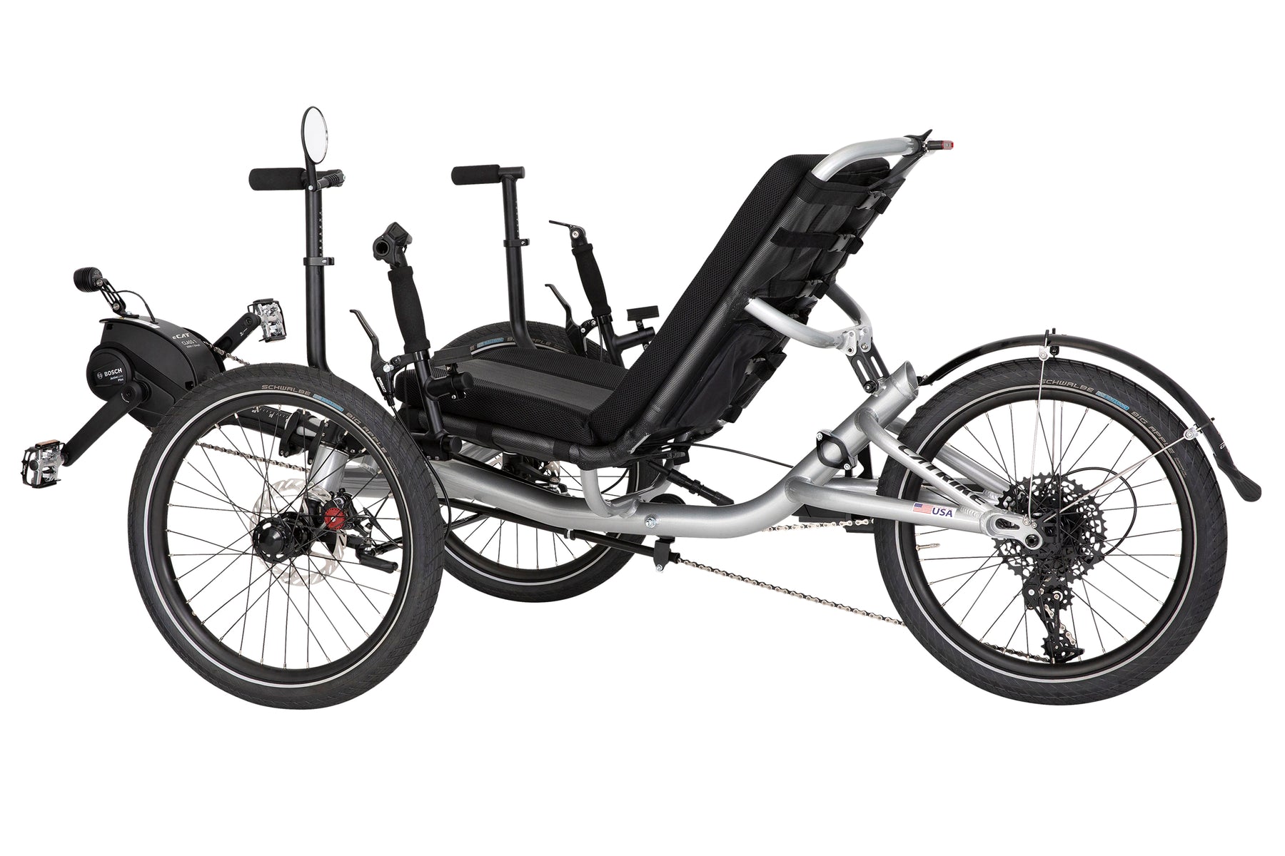 Catrike MAX eCAT side view showing the seat recline and adjustable assist bars