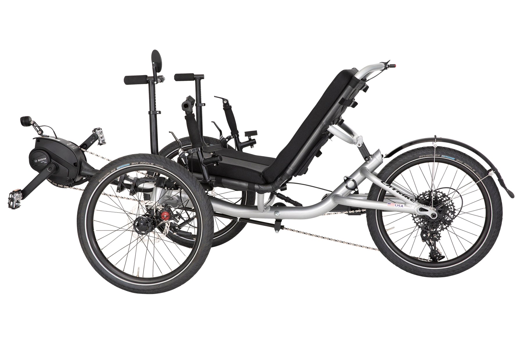 Catrike MAX eCAT side profile showing the Bosch drive and rear cassette