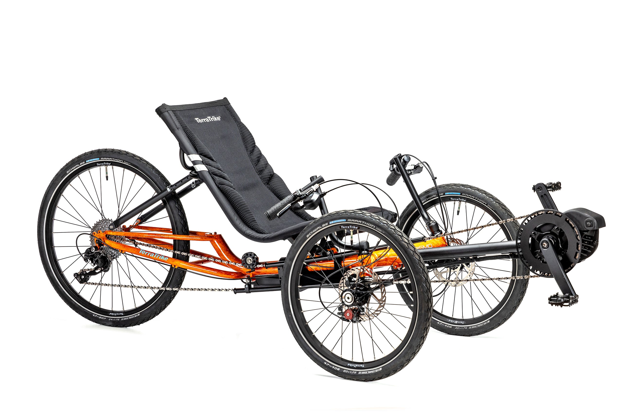 TerraTrike Gran Tourismo e+ three-quarter view in Flame On