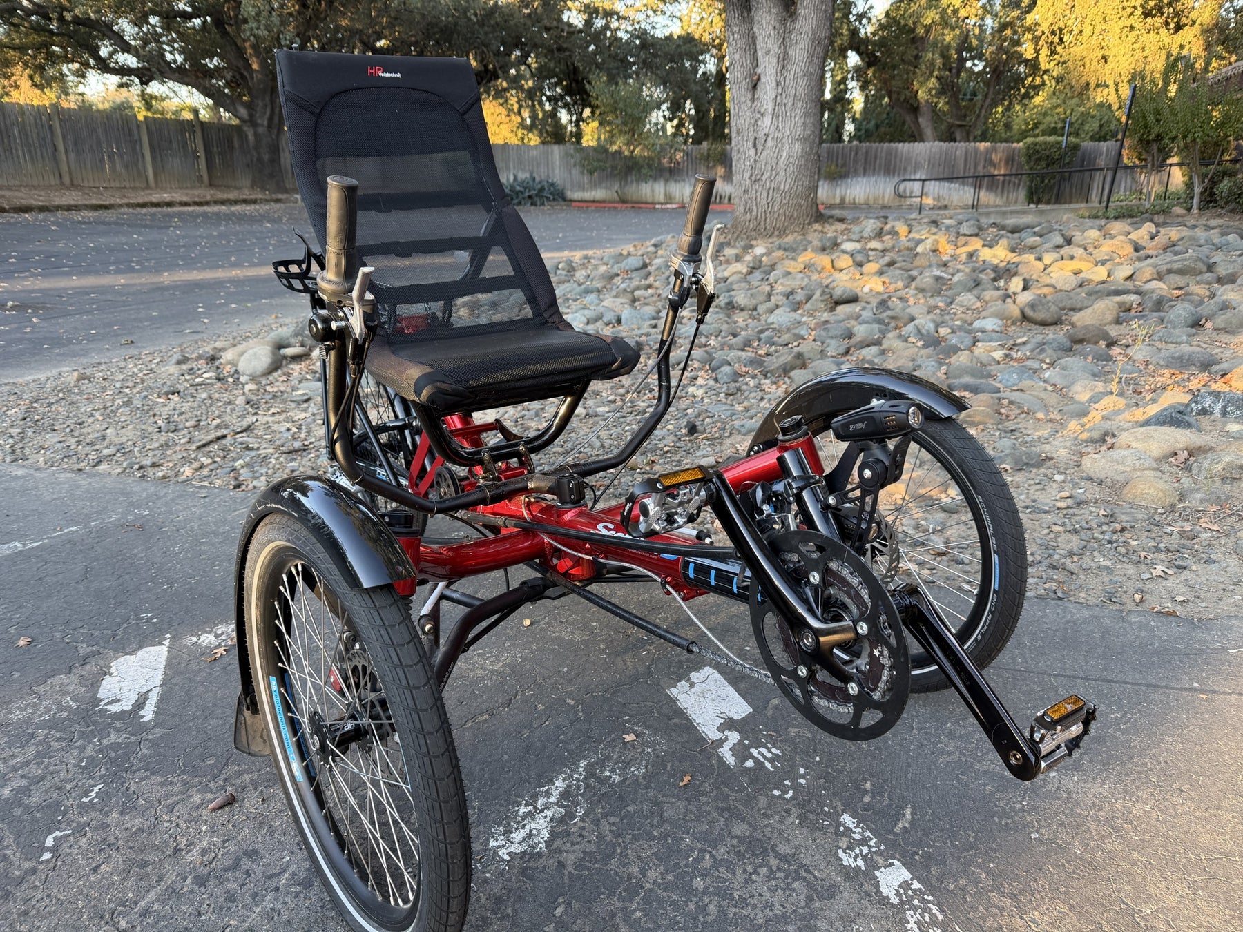 Used HP Velotechnik Scorpion high-seat trike, red, front three-quarter view