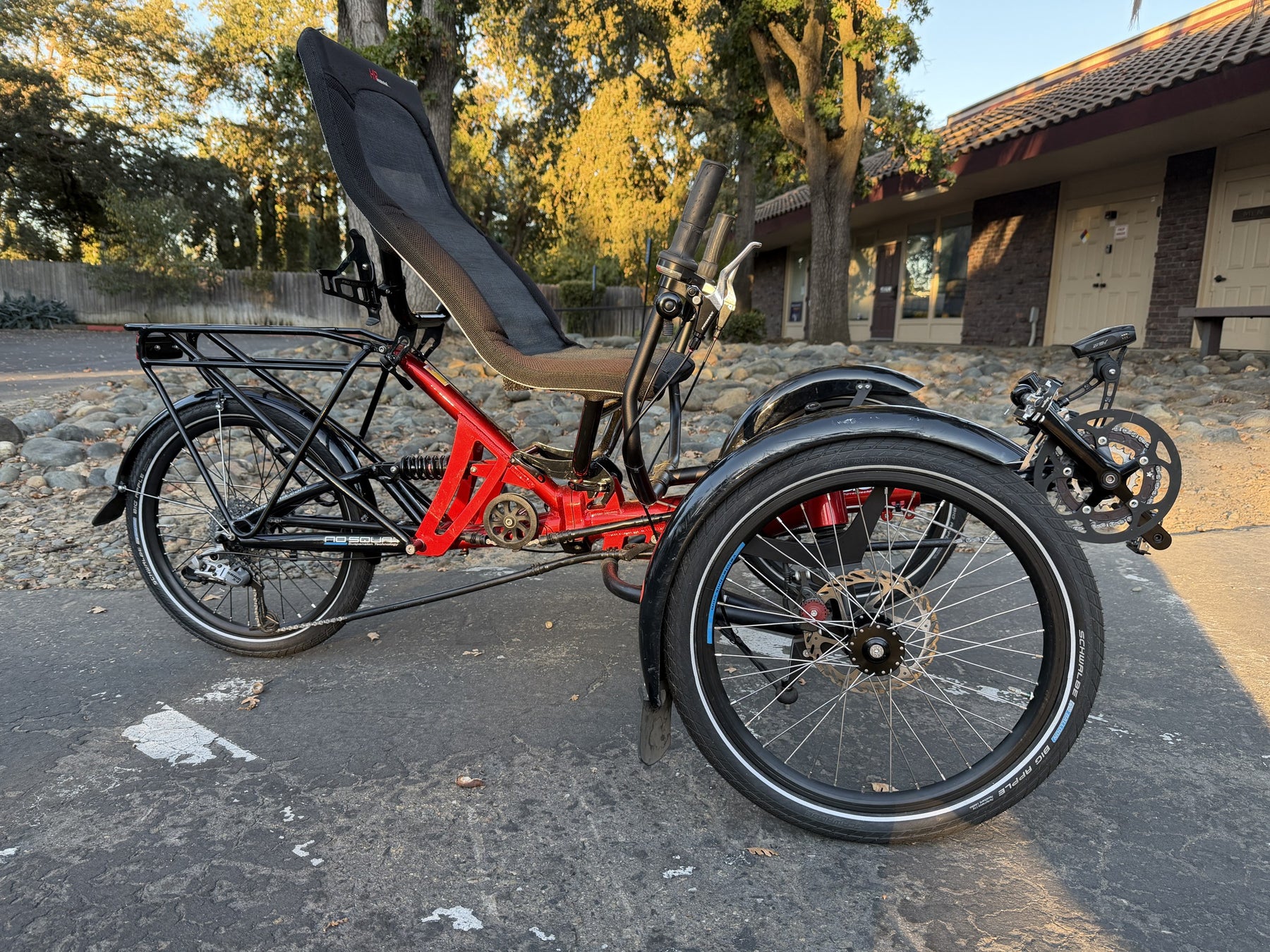 Used HP Velotechnik Scorpion high-seat trike, red, side view