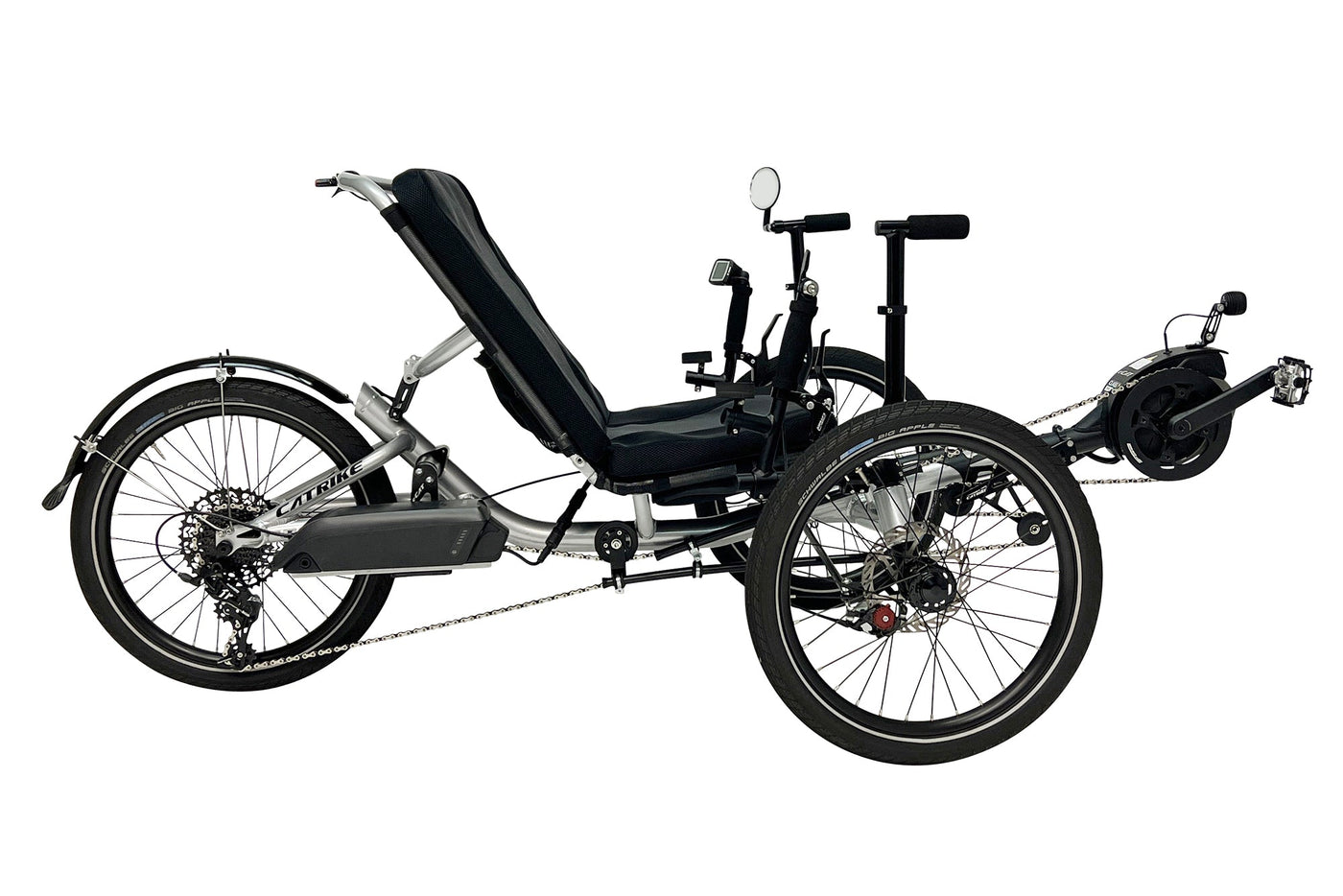 Catrike MAX eCAT drive side view in Moon Rock Silver showing the Bosch battery and Purion display
