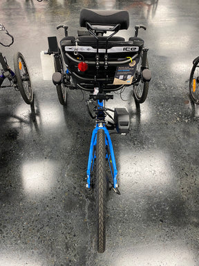 ICE Adventure PERS chainless trike in blue, rear view with battery and hub motor