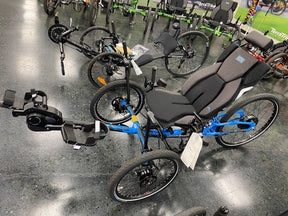 ICE Adventure PERS chainless trike in blue, showing the PERS pedal unit and rear hub motor