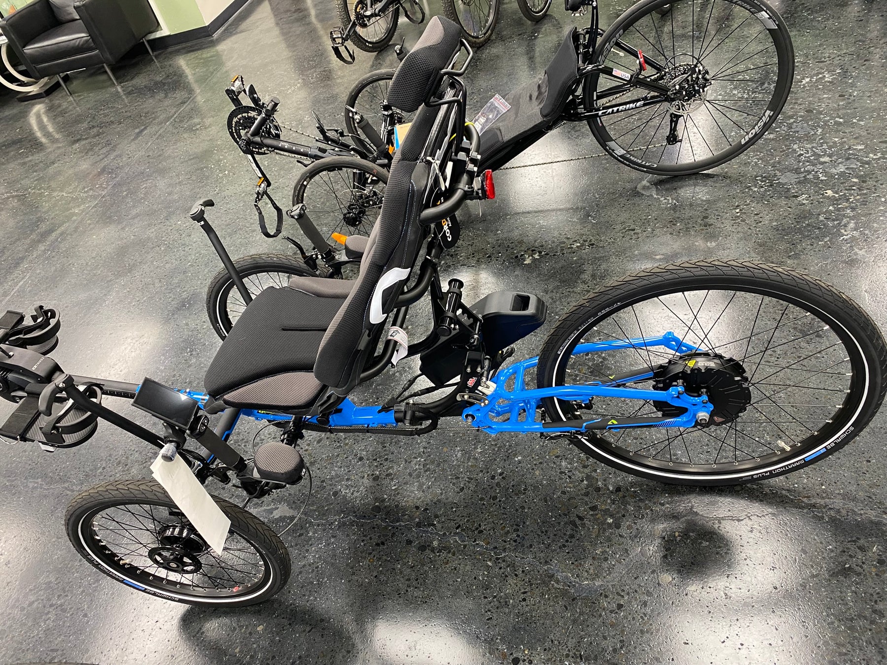 ICE Adventure PERS chainless trike in blue, side view, at Laid Back Cycles