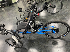 ICE Adventure PERS chainless trike in blue, side view, at Laid Back Cycles