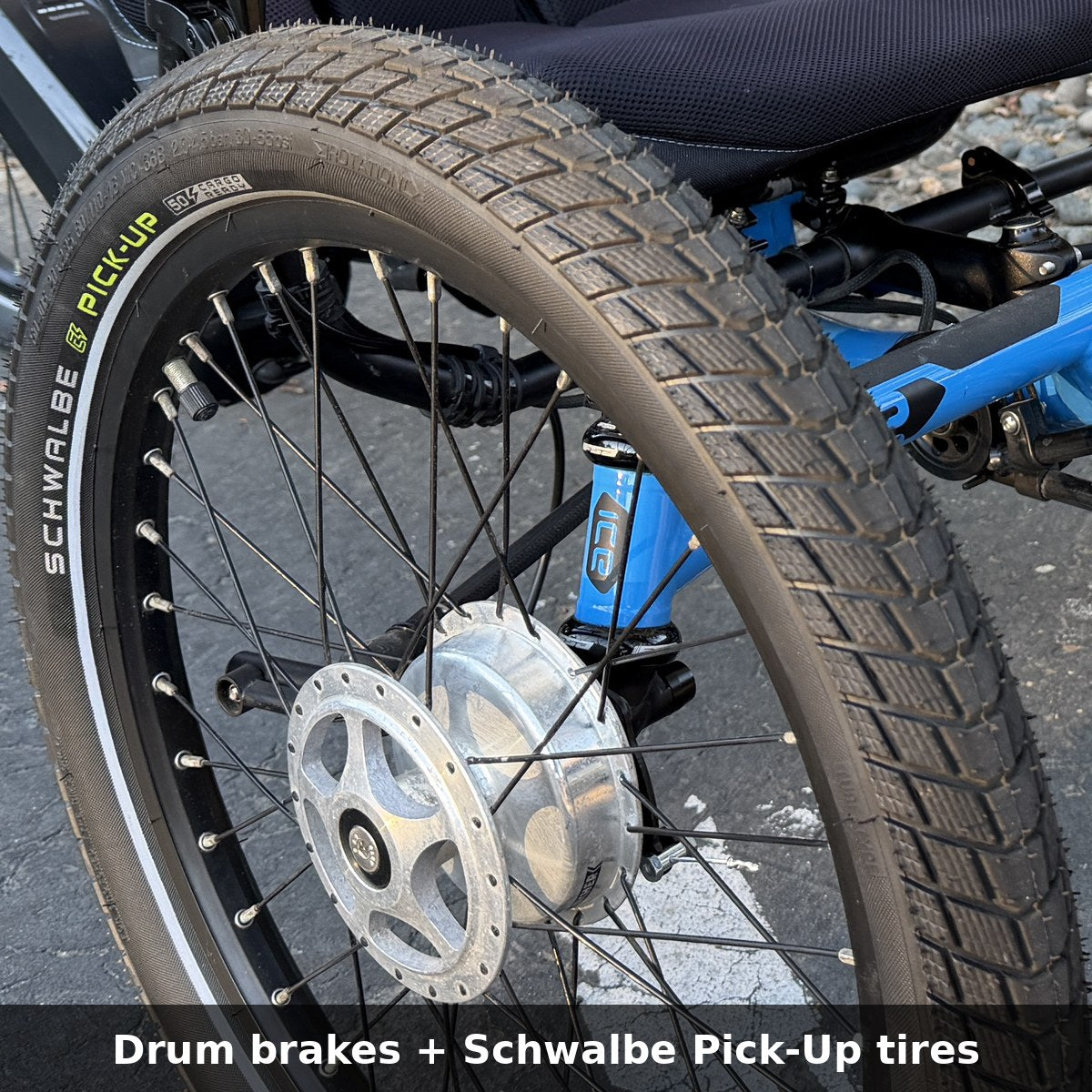 ICE Adventure HD front drum brake and Schwalbe Pick-Up tire