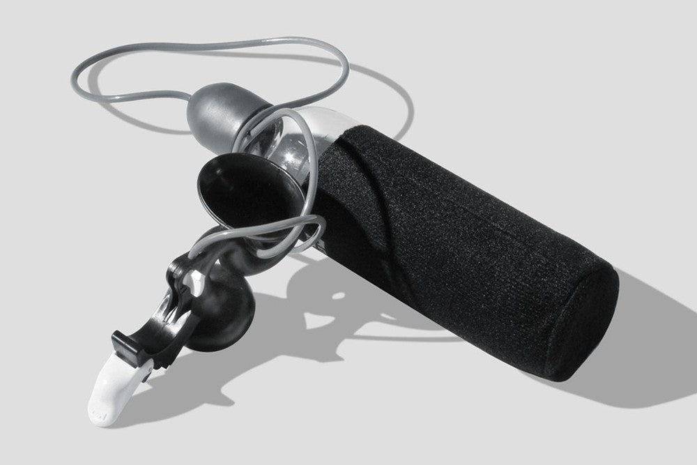 Delta AirZound bike air horn with its trumpet bell, trigger, tubing, and refill bottle on a white background