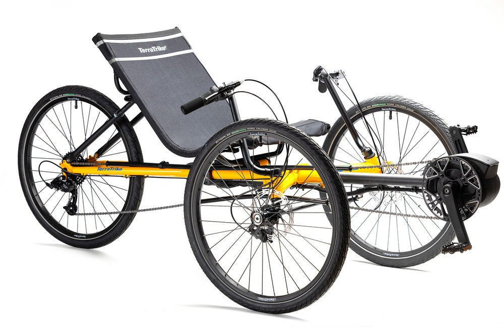 TerraTrike Rebel e+ electric recumbent trike in Saffron Yellow, three-quarter view