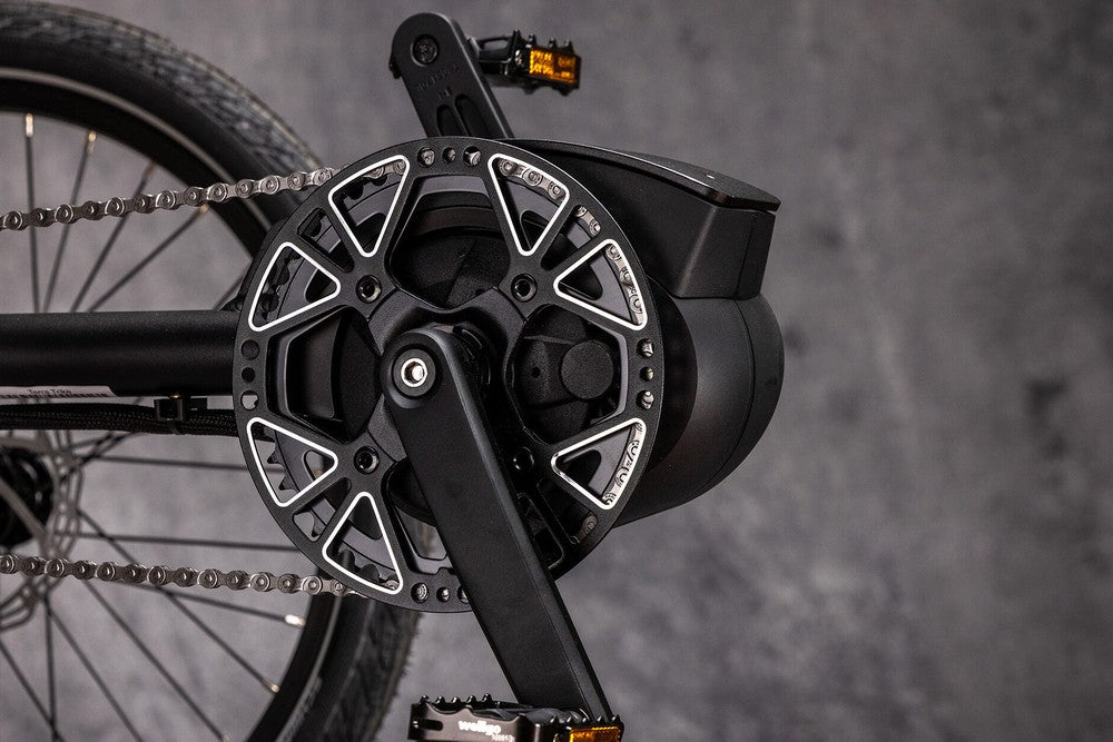 Bosch Performance Line mid-drive motor and crankset on a TerraTrike Traveler e+ folding electric recumbent trike
