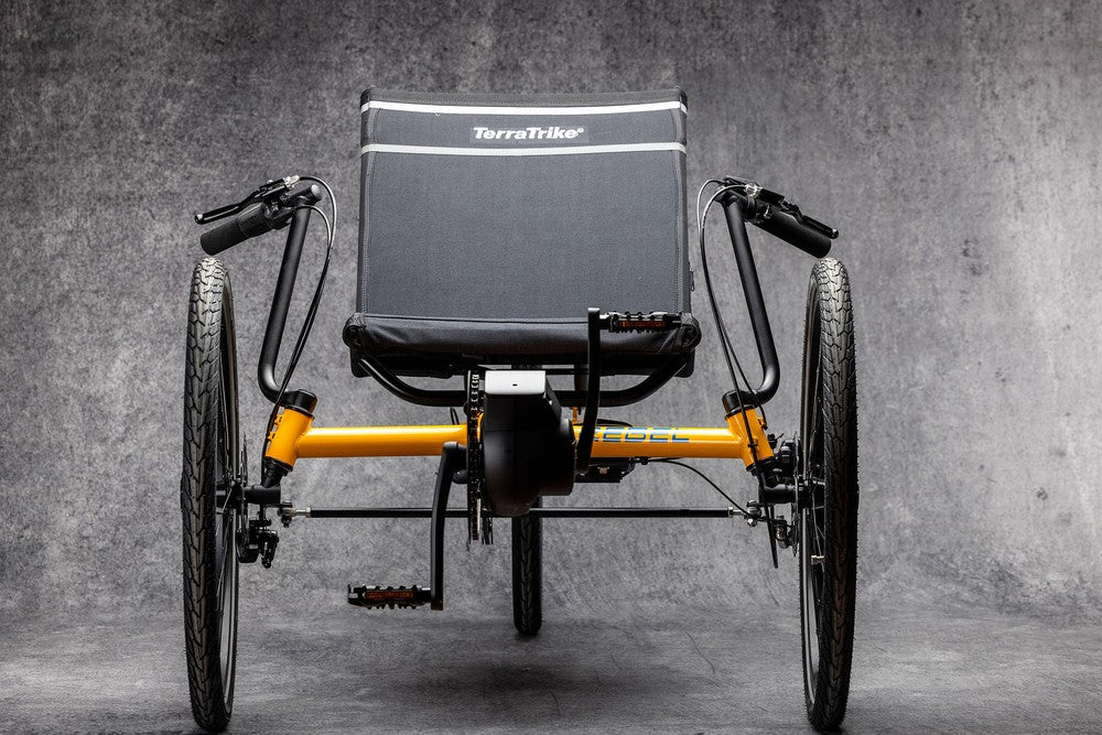 Front view of the TerraTrike Rebel e+ showing its wide 18 inch high seat and low step-in height