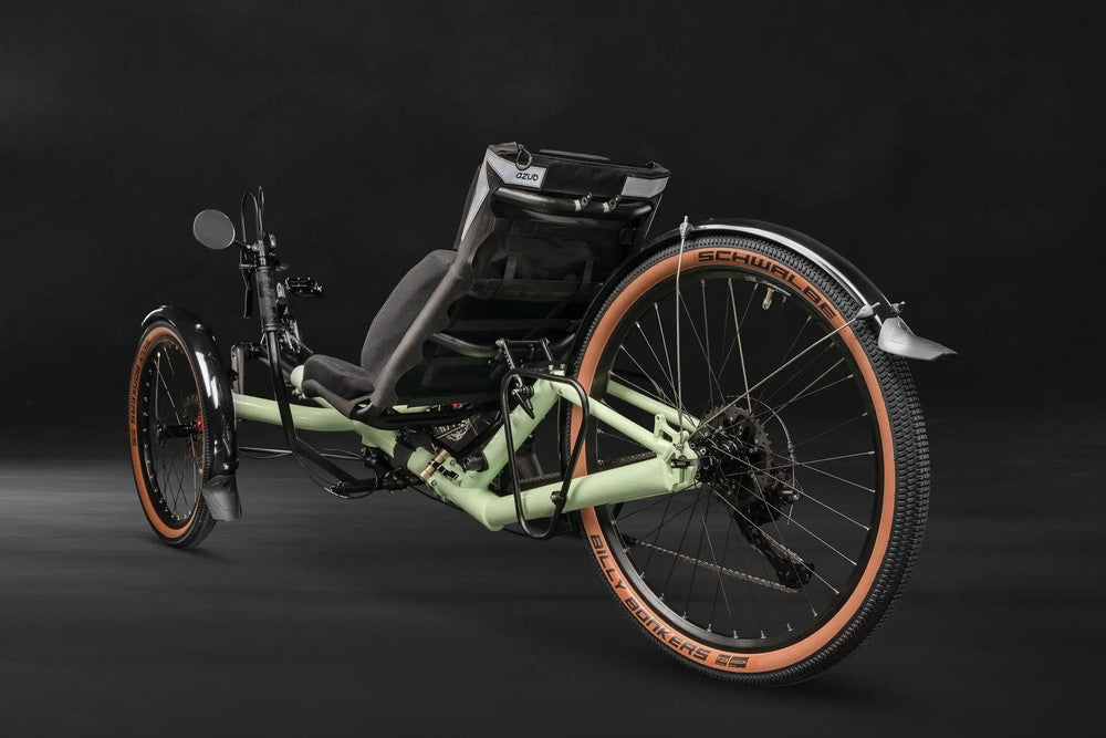 AZUB T-Tris 26 entry-level recumbent trike in pastel green, three-quarter rear studio view