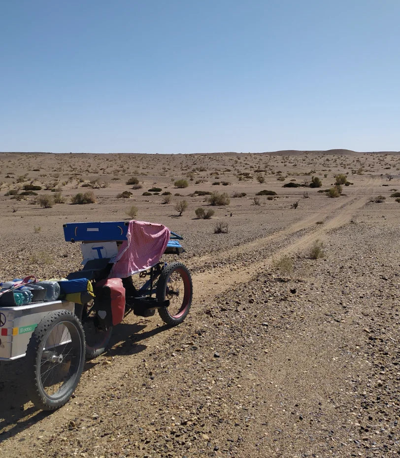 Rider on an AZUB FAT recumbent trike in the Mongolian desert