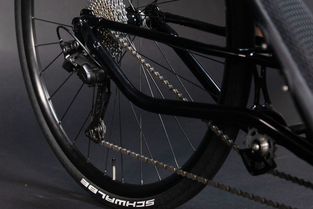 Shimano XT rear derailleur, 11-speed cassette and oversized idler pulley on the TerraTrike Spyder e+