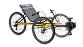 TerraTrike Rebel e+ three-quarter view in Saffron Yellow