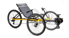 TerraTrike Rebel e+ three-quarter view in Saffron Yellow