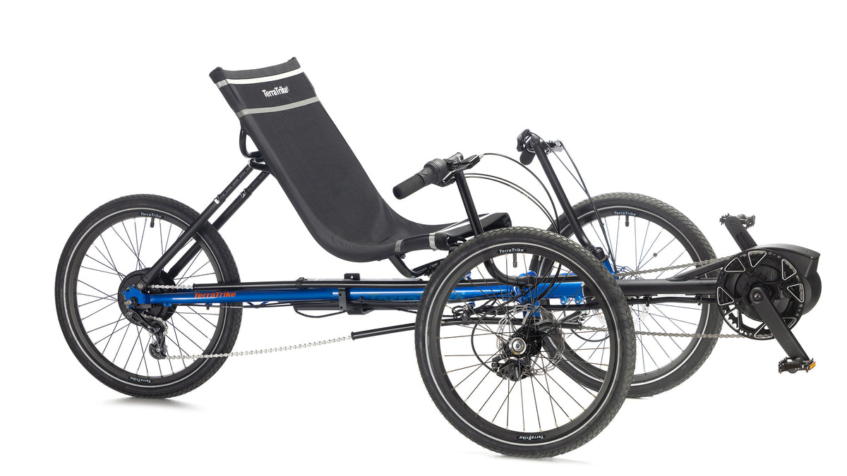 TerraTrike Rogue e+ three-quarter view in City Blue