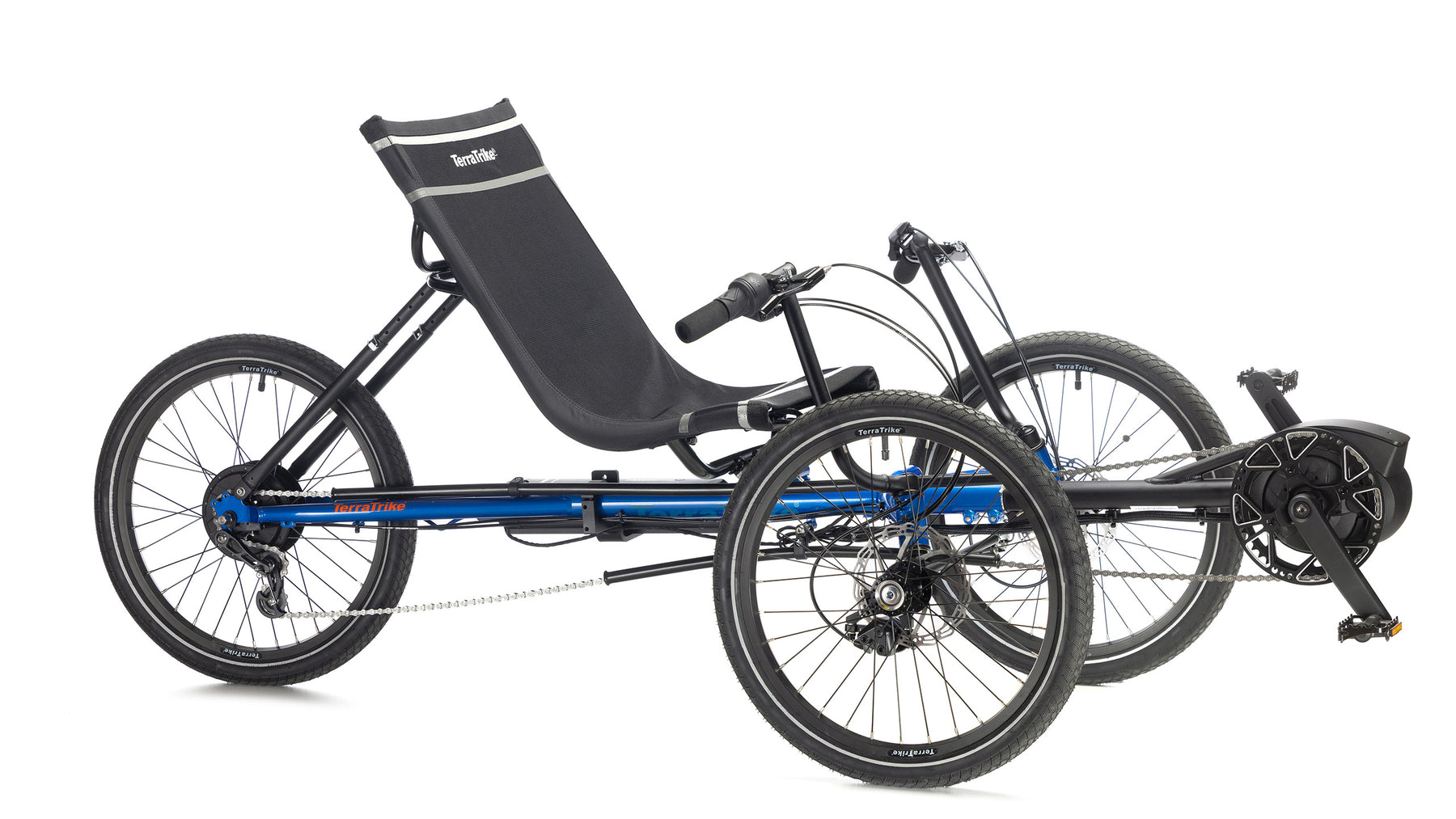 TerraTrike Rogue e+ three-quarter view in City Blue