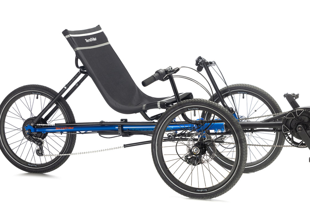 TerraTrike Rogue e+ electric recumbent trike in City Blue, three-quarter view