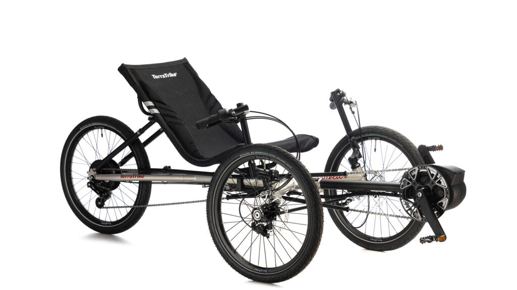 TerraTrike Traveler e+ three-quarter view in Champagne