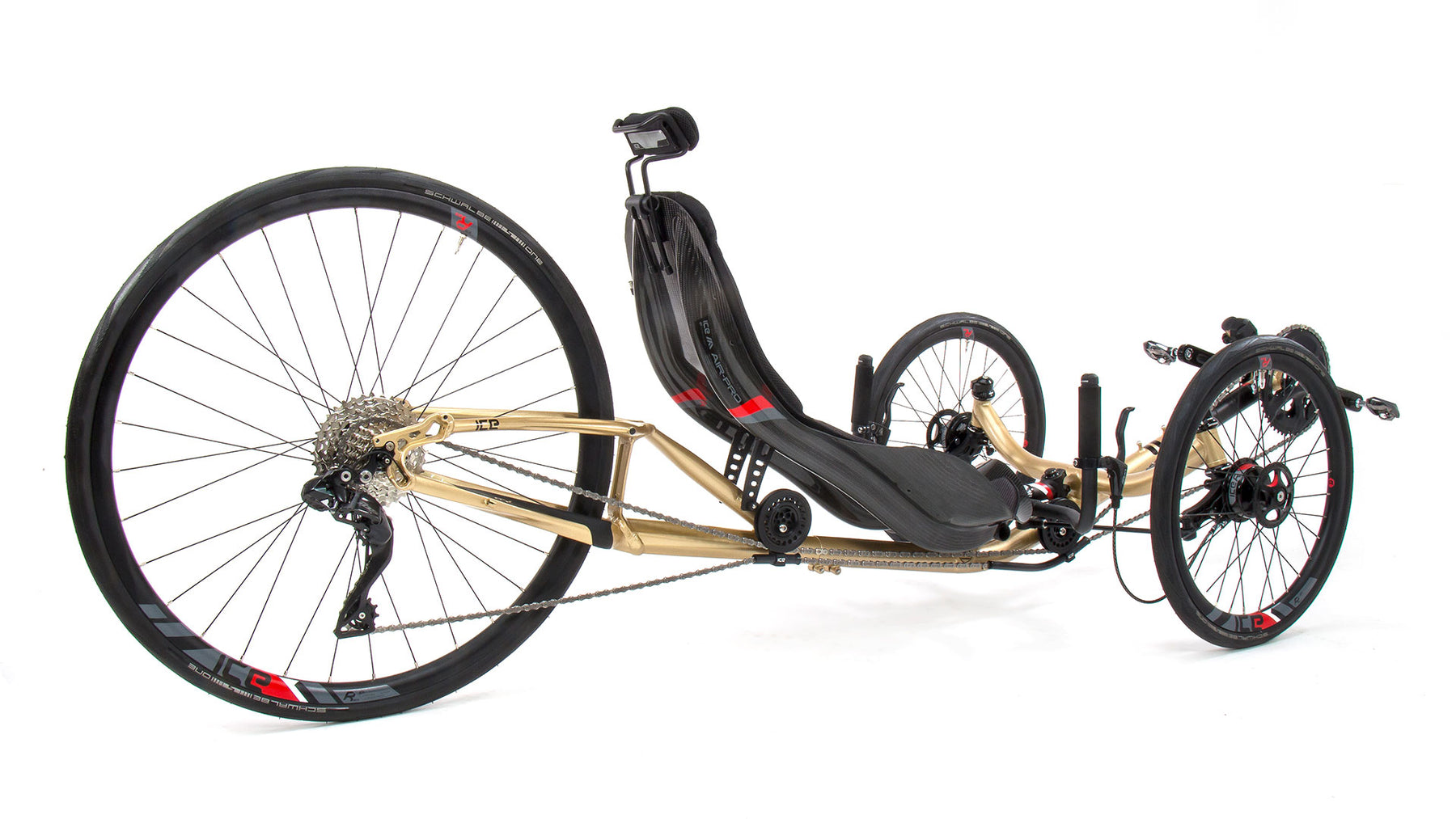 ICE VTX recumbent trike in custom gold, side view