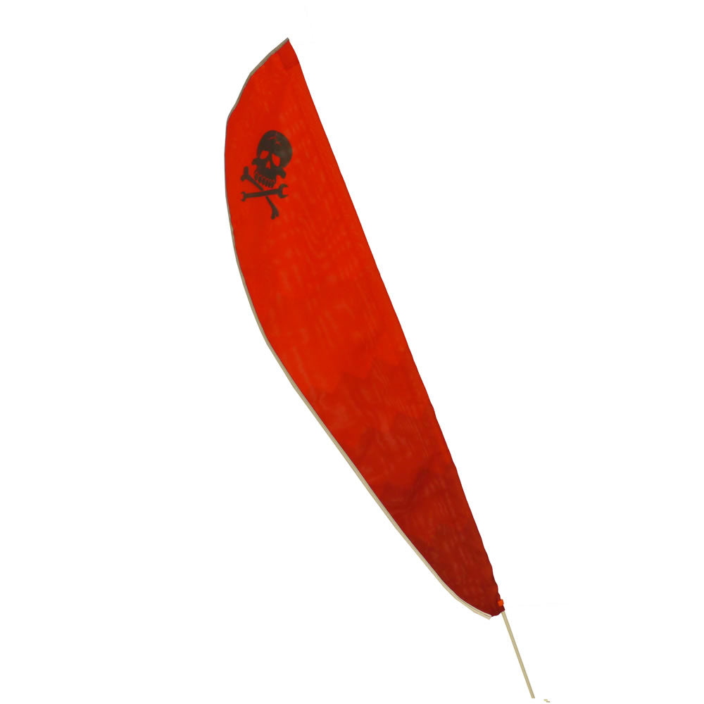 TerraTrike Teardrop red flag with black skull and cross bones on a white background
