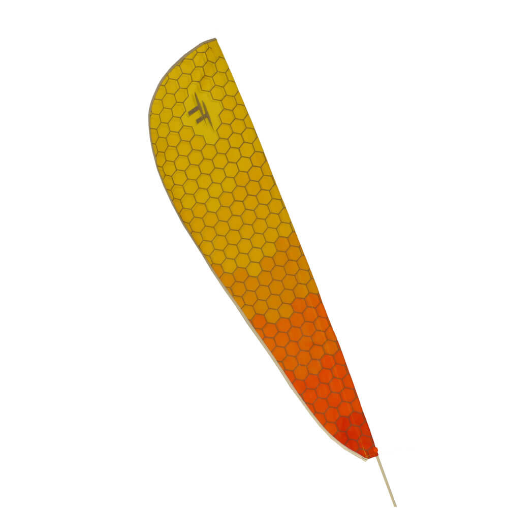 TerraTrike Teardrop yellow, orange, and red honey comb pattern flag on a white background