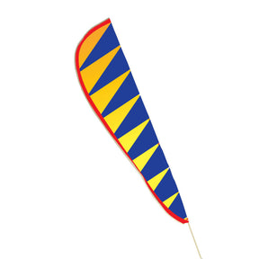 TerraTrike Teardrop Flag with blue and yellow triangle patterns and red line on a white background
