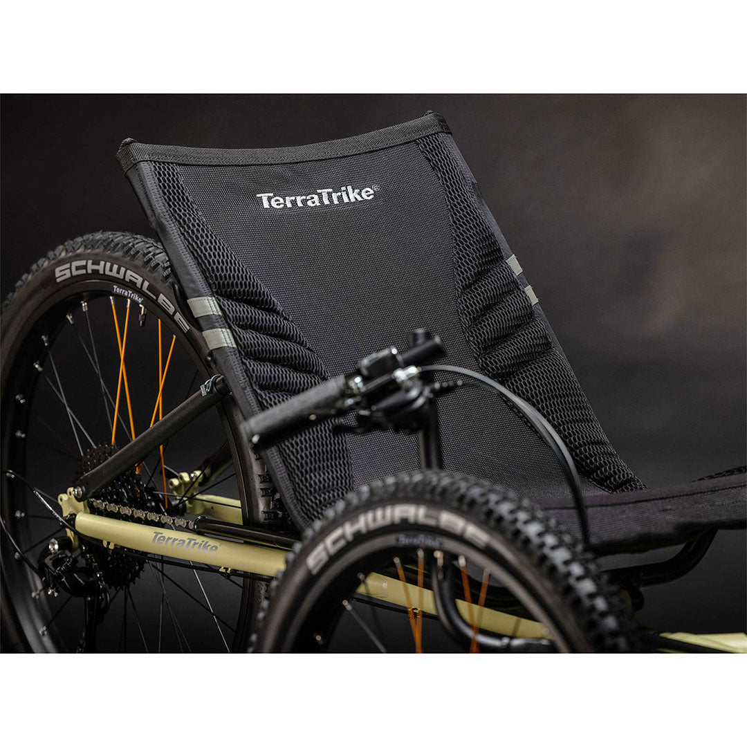 TerraTrike All Terrain drive chain side close up view of trike seat and back tire